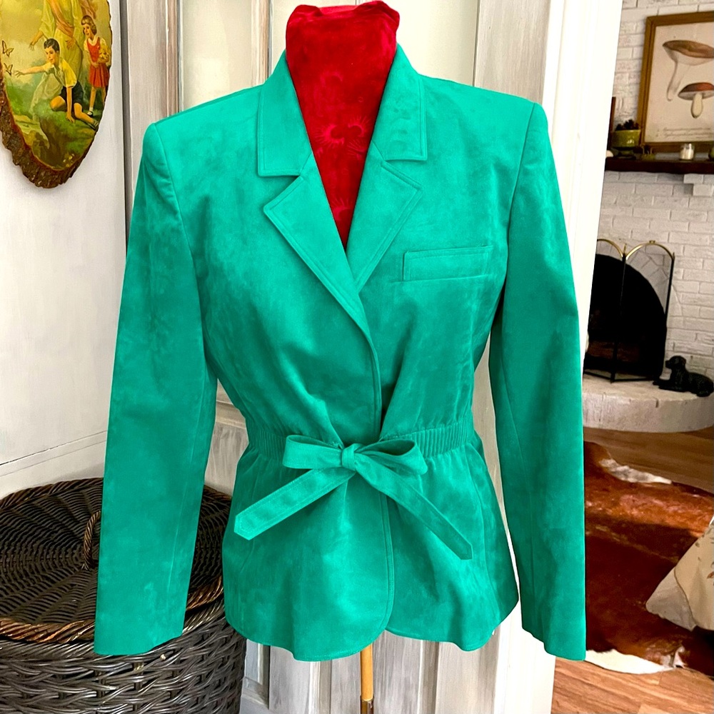 VTG Green belted suede blazer Green 80s Padded shoulders Retro 420